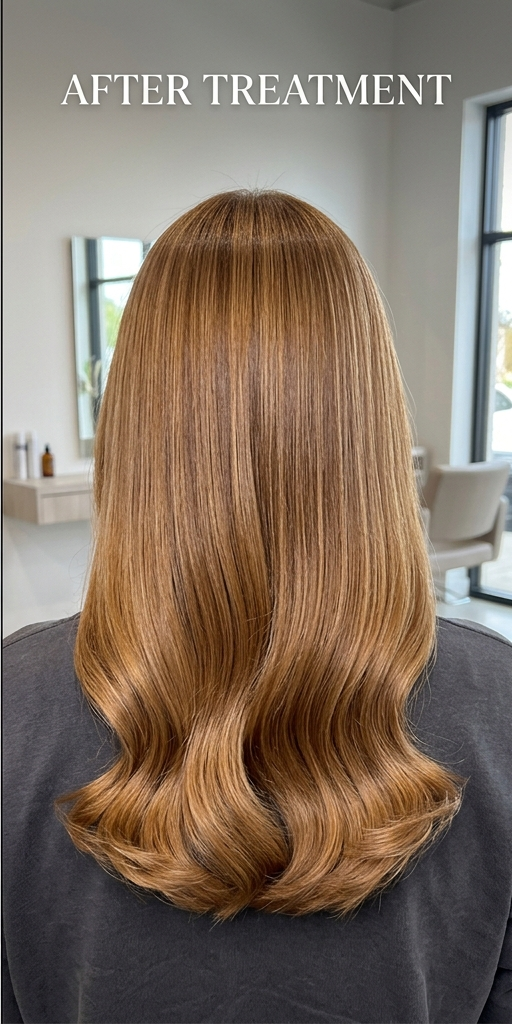 After color treatment showing healthy, shiny, and dimensional caramel-gold gloss color
