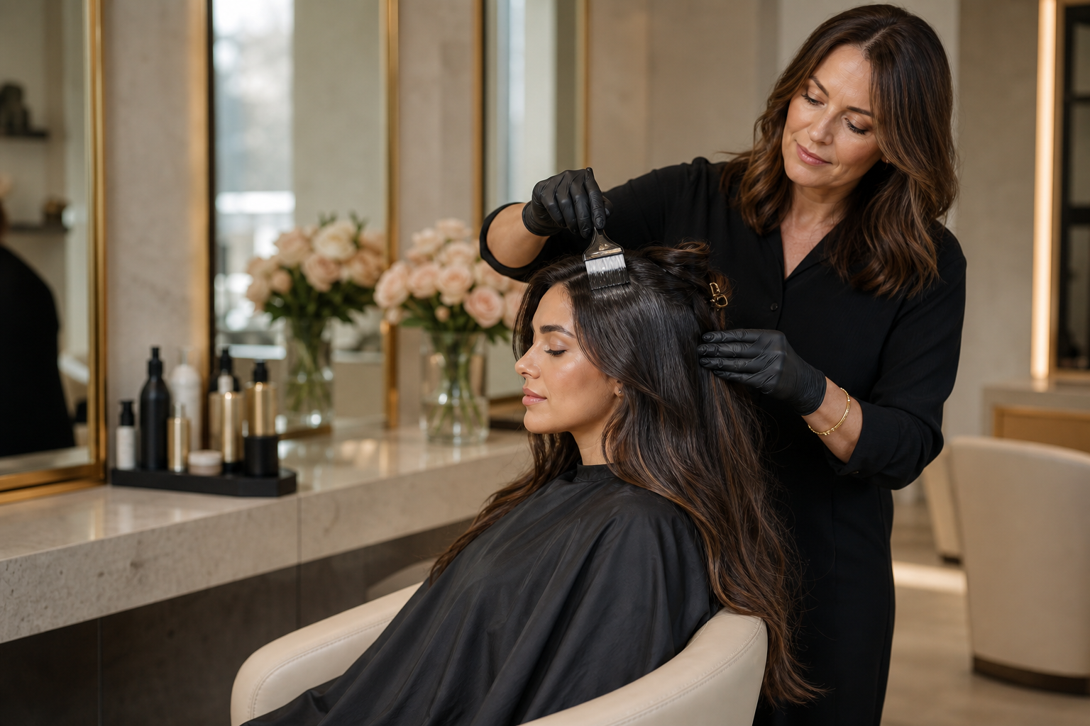 Stylist applying a luminous color gloss in a refined salon