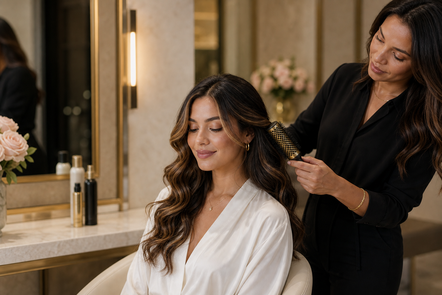 Stylist finishing soft waves for an event-ready look
