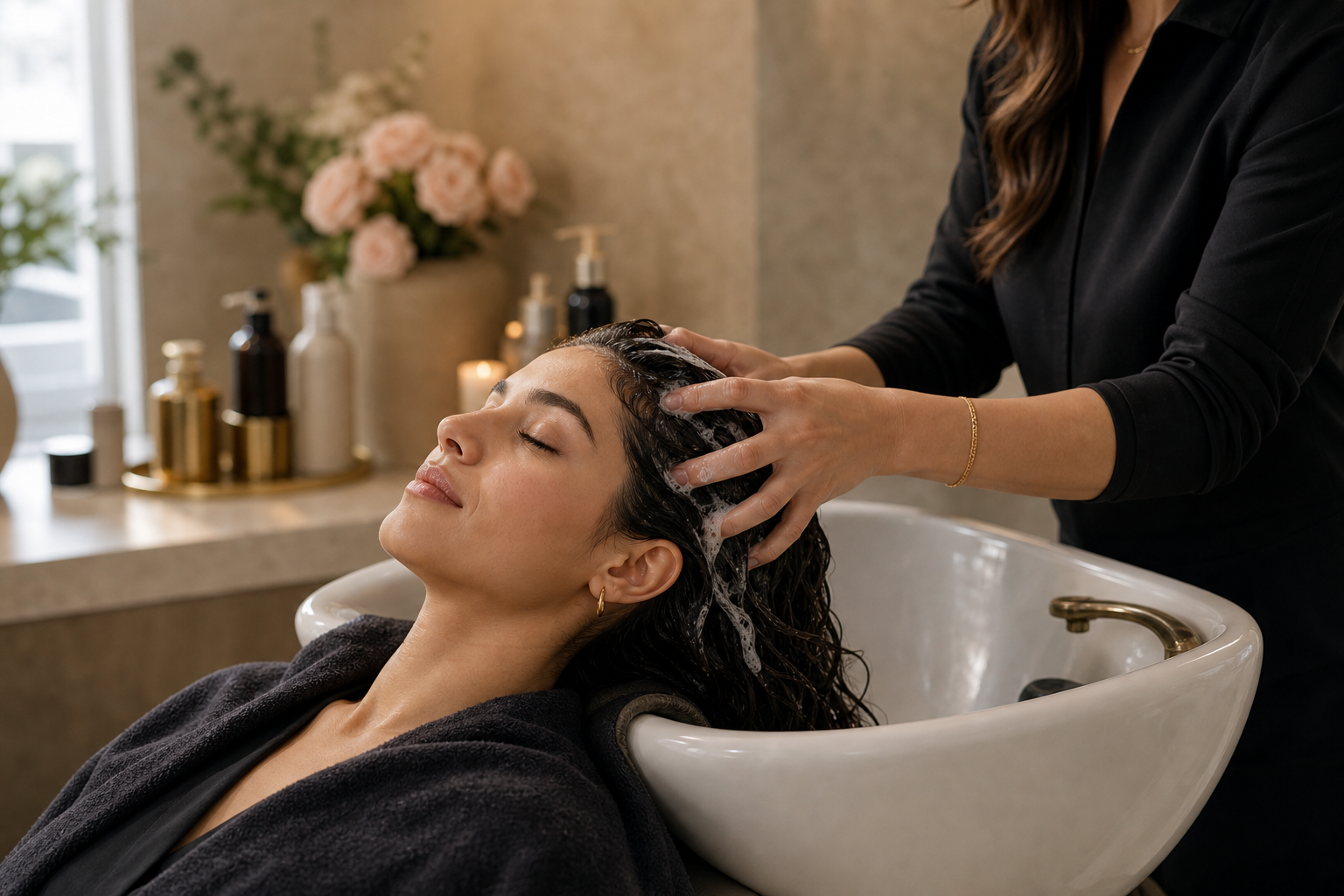 Relaxing scalp treatment at a luxury salon wash station