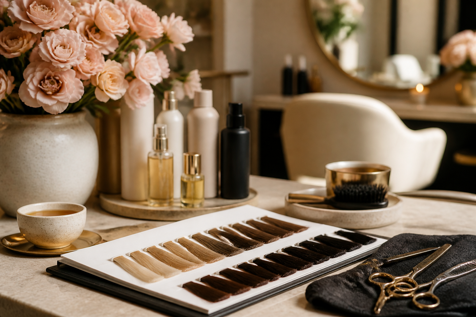 Salon consultation table with color swatches, flowers, and styling tools